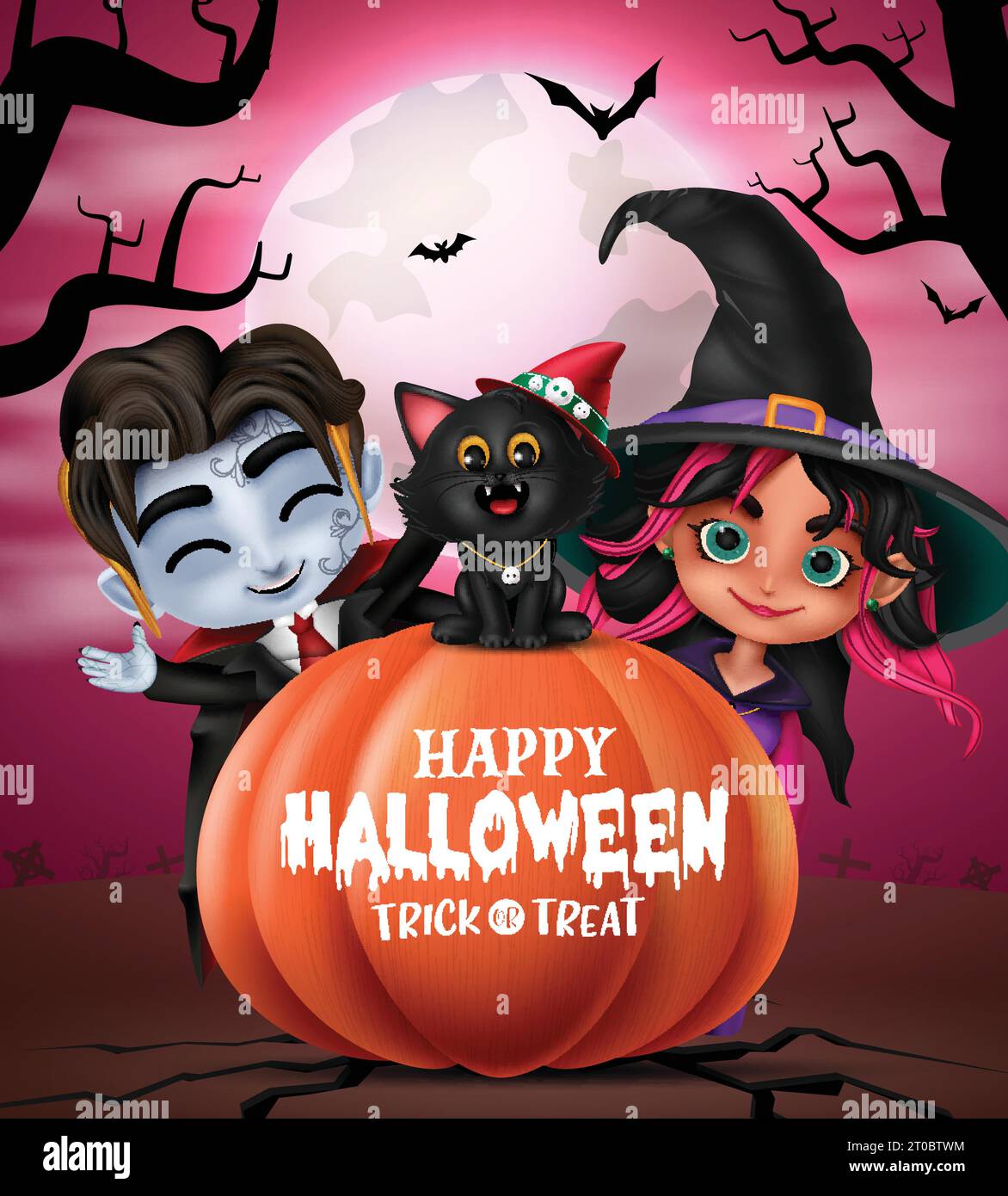 Happy halloween text vector design. Halloween costume characters like boy vampire and girl witch for trick or treat party night background. Vector Stock Vector
