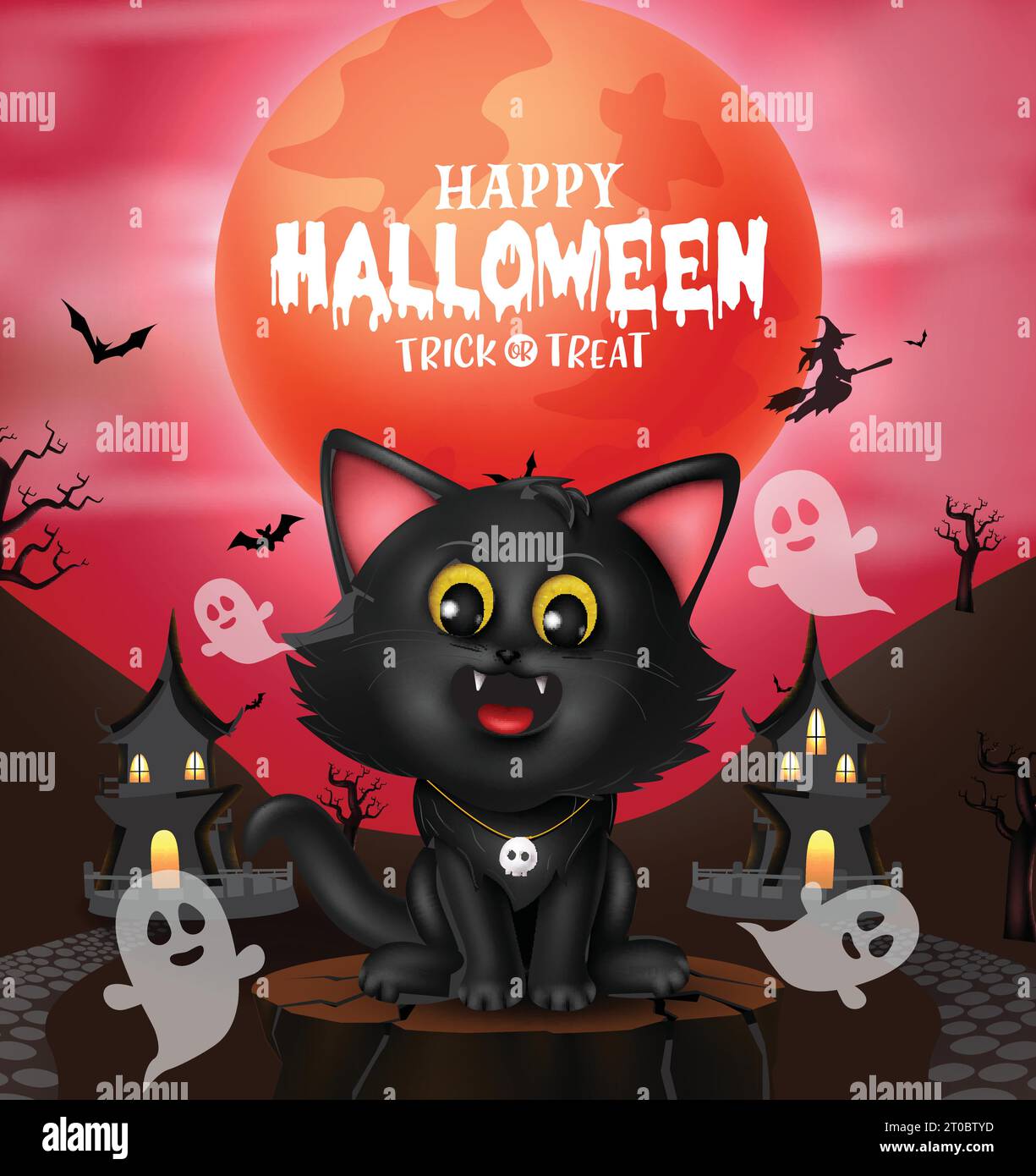 Happy halloween text vector design. Trick or treat greeting card with black cute cat in full moon night and haunted house decoration elements. Vector Stock Vector