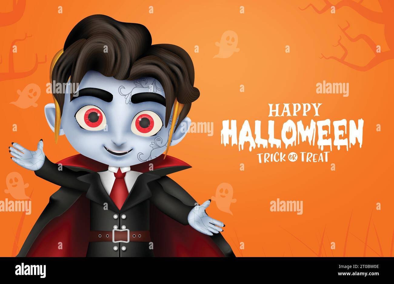 Halloween vampire character vector design. Happy halloween greeting text with friendly cute costume boy vampire zombie character for trick or treat Stock Vector