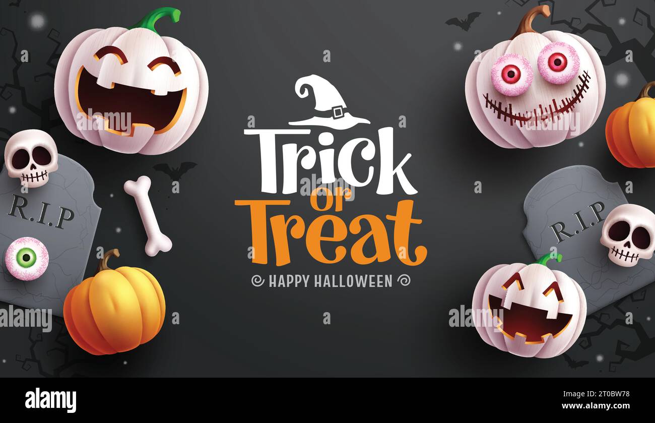 Trick or treat text vector design. Happy halloween white pumpkins characters, grave stone and skull decoration elements in black background. Vector Stock Vector