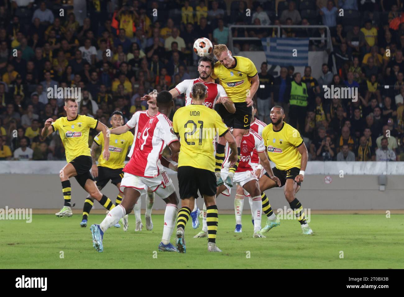 Athens, Greece. 5th Oct, 2023. Players of Ajax and AEK Athens compete during their UEFA Europa League Group B football match in Athens, Greece, Oct. 5, 2023. Credit: Lefteris Partsalis/Xinhua/Alamy Live News Stock Photo