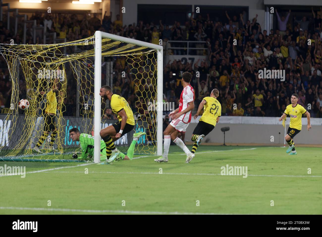 Athens, Greece. 5th Oct, 2023. Domagoj Vida (2nd R) of AEK Athens