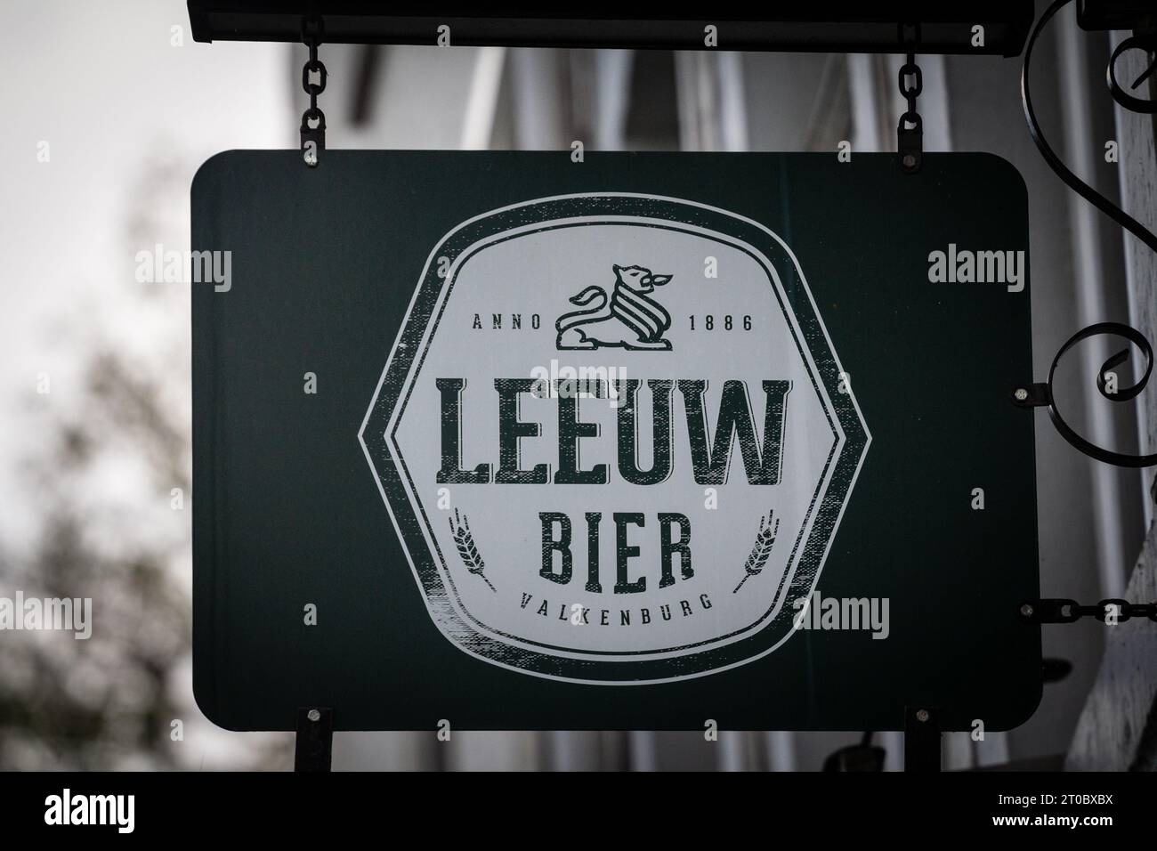 Picture of a sign with the logo of Leeuw beer taken on a bar in Maastricht, Netherlands. De Leeuw Bierbrouwerij BV is an independent Dutch brewery in Stock Photo