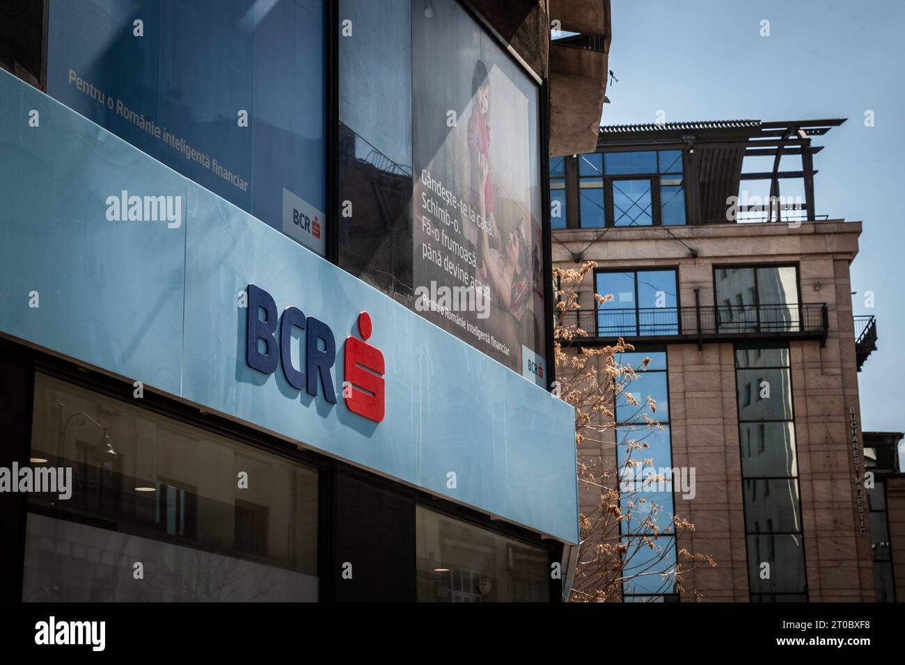 Picture of a sign with the logo of BCR bank in Bucharest, Romania. BCR, or Banca Comerciala Romana, a member of Erste Group, is the most important fin Stock Photo