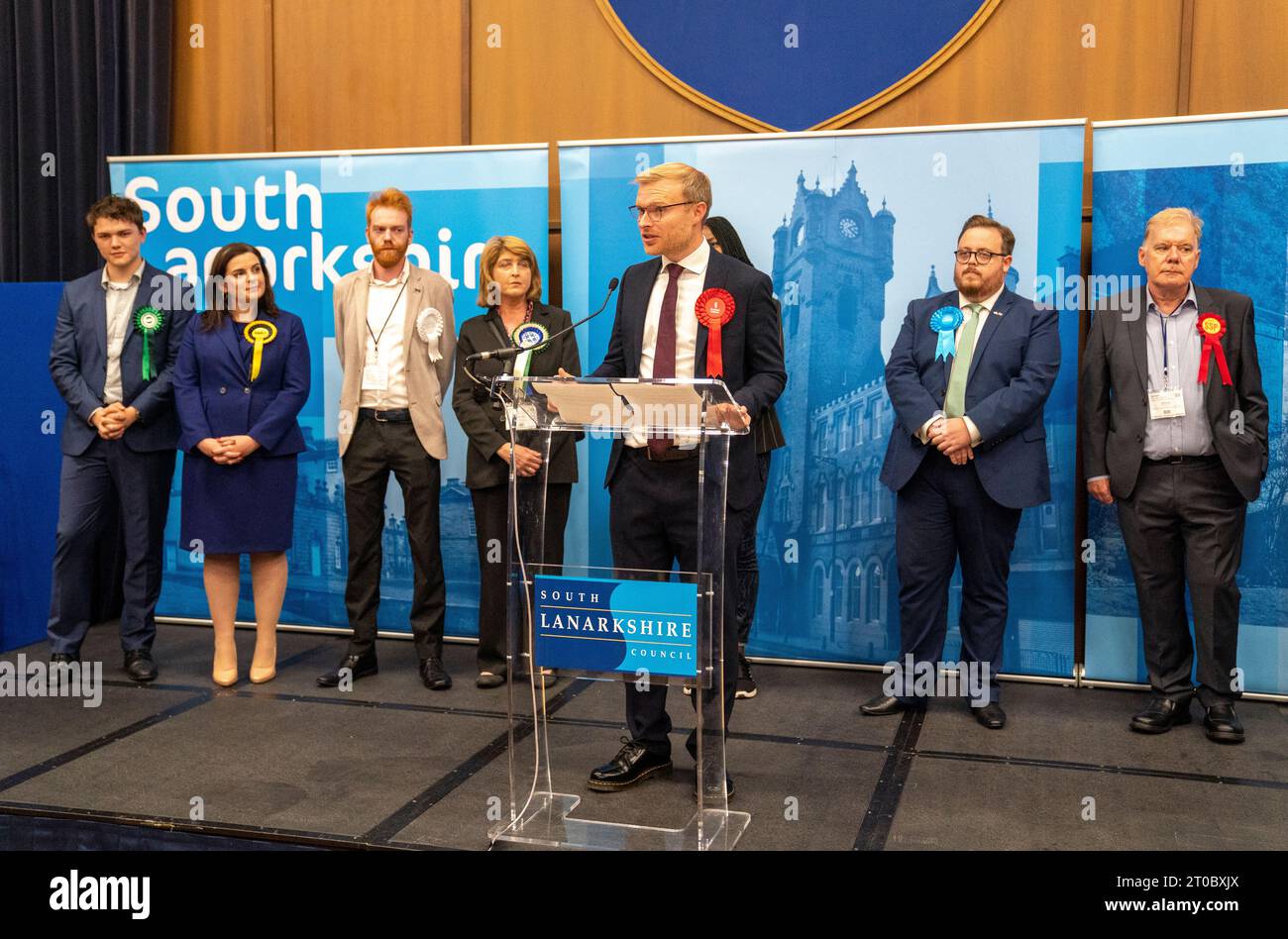 Labour's Michael Shanks wins the Rutherglen and Hamilton West by-election, at South Lanarkshire Council Headquarters in Hamilton. Picture date: Friday October 6, 2023. Stock Photo