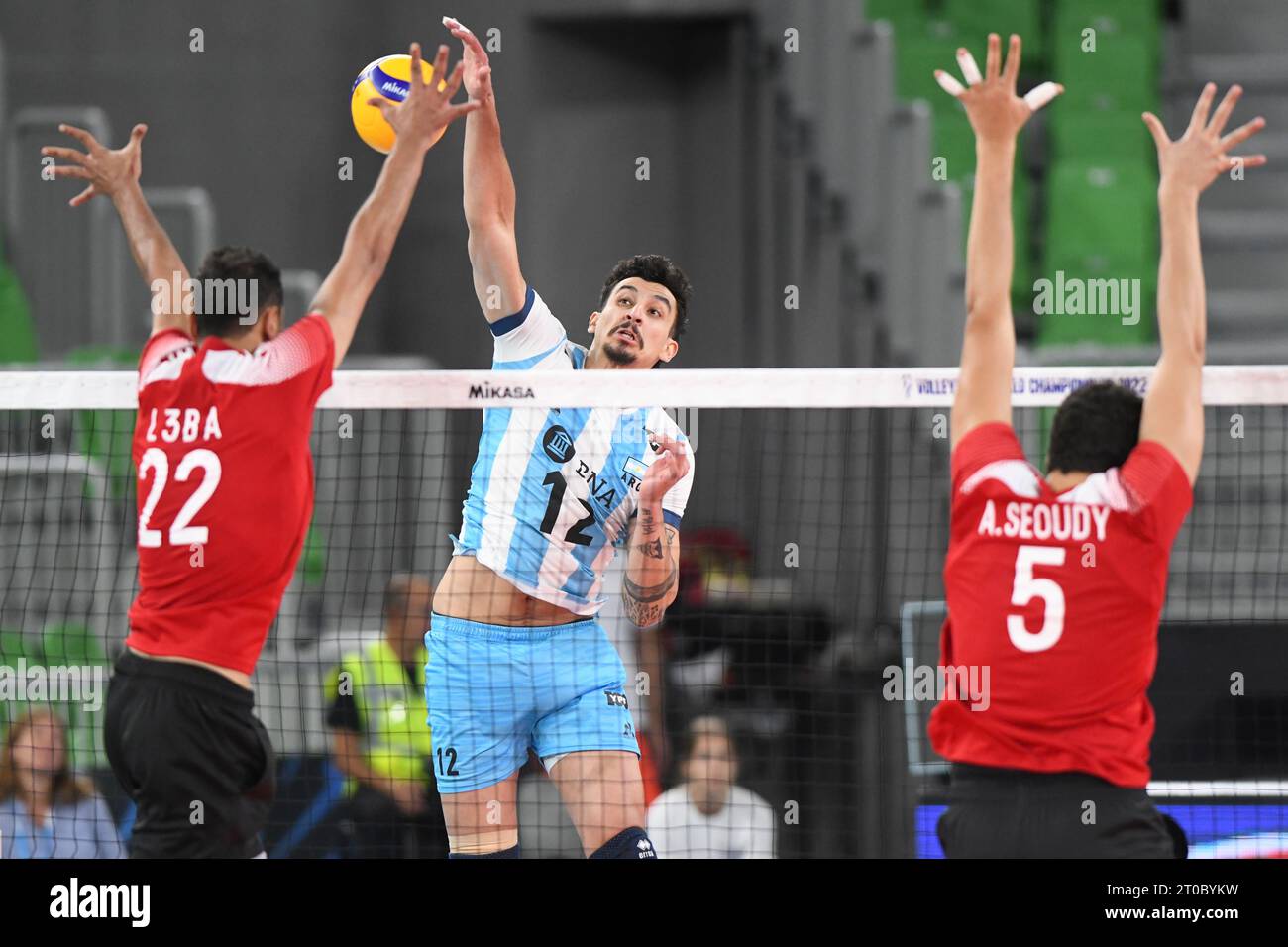 Bruno Lima (Argentina); Mohamed Issa, Abdelrahman Seoudy (Egypt). Volleyball World Championship 2022. Stock Photo