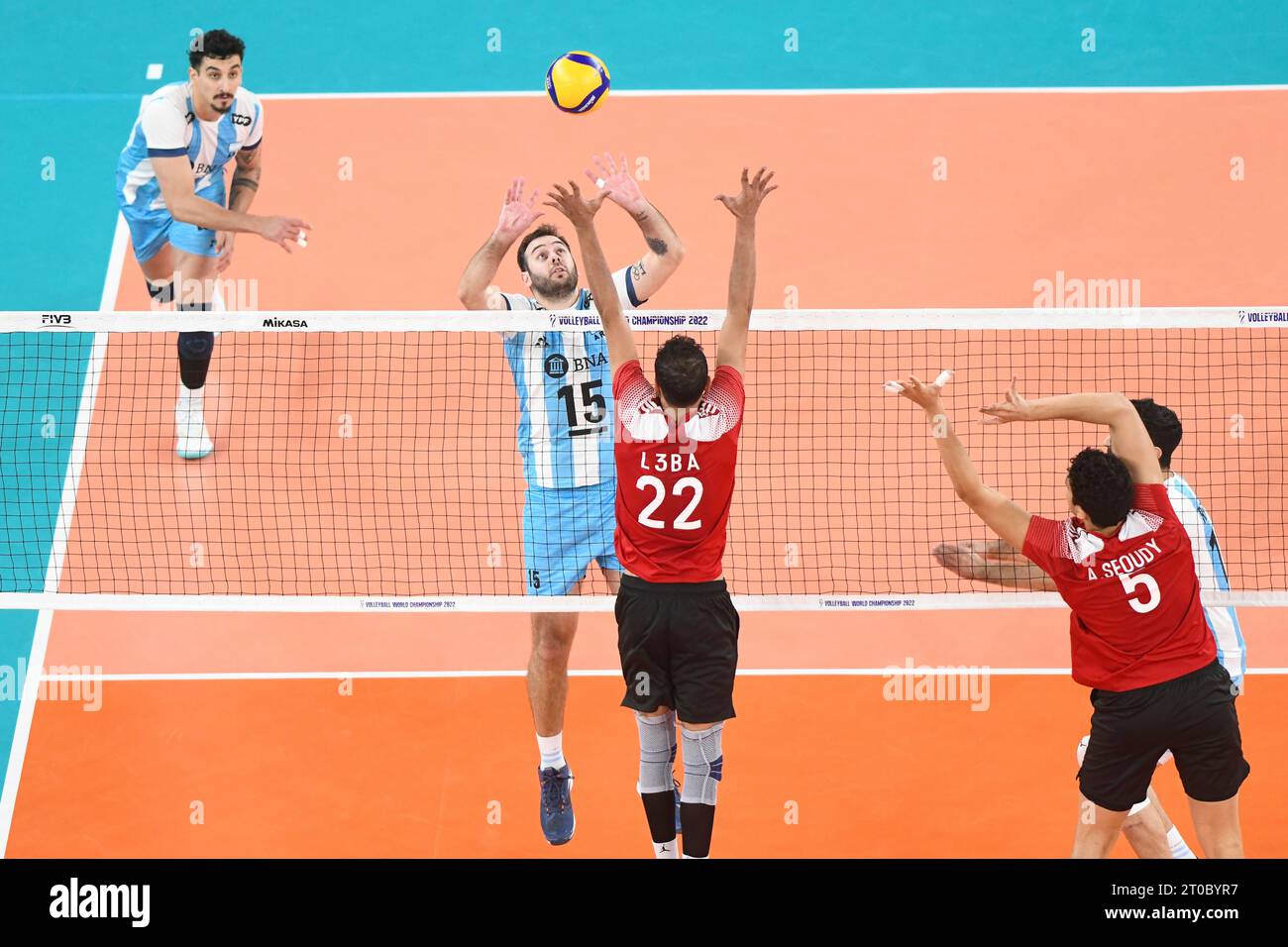 Luciano De Cecco, Bruno Lima (Argentina); Mohamed Issa, Abdelrahman Seoudy (Egypt). Volleyball World Championship 2022. Stock Photo