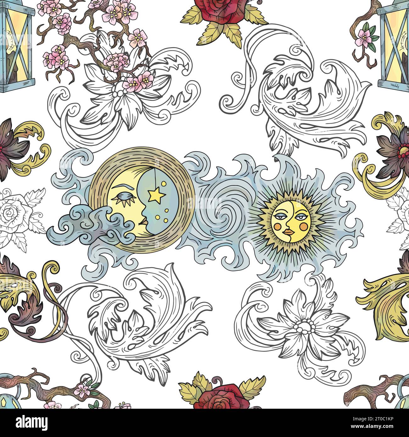 Vector seamless pattern with fantasy illustrations of moon and sun