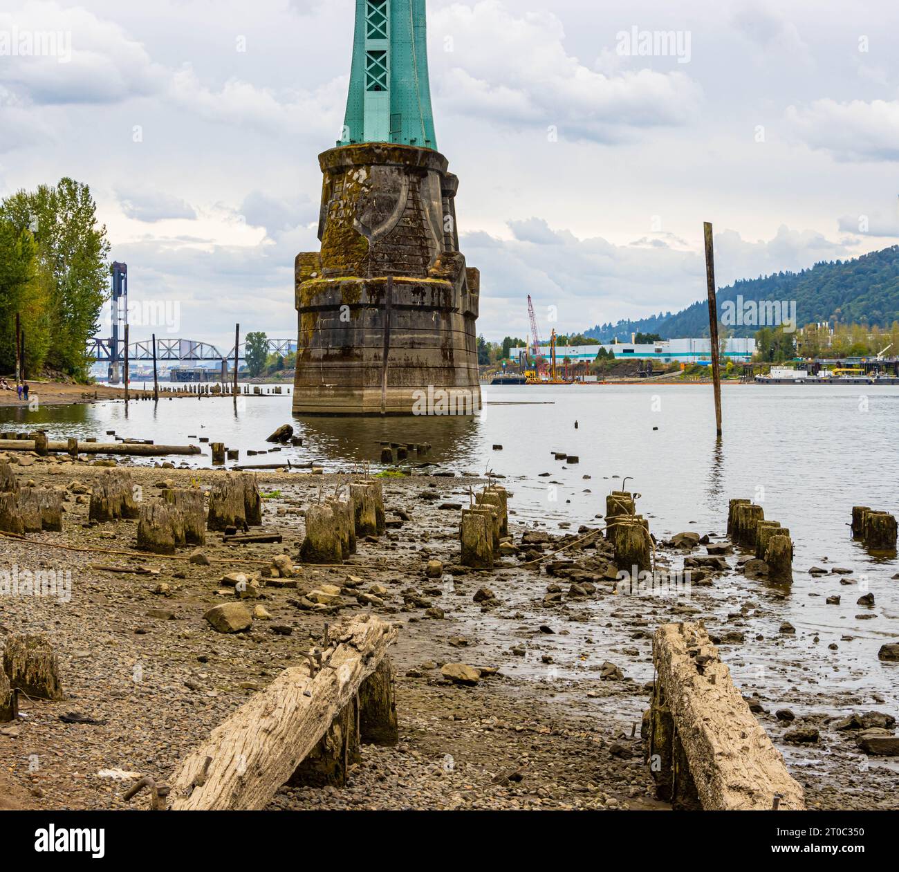 Wooden Remains of Old Ferry Landing and The Bridge Support of Gothic -Cathedral Styled St. Johns Bridge, Portland, Oregon, USA Stock Photo