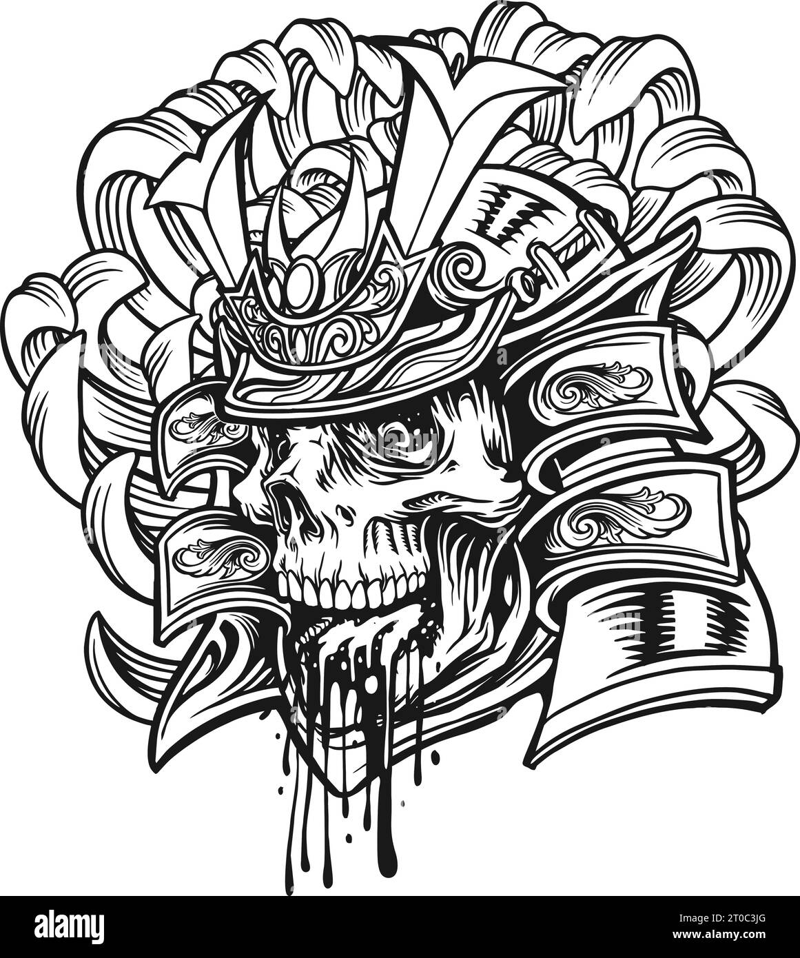Monster skull samurai ornate warrior helmet outline vector illustrations for your work logo, merchandise t-shirt, stickers and label designs, poster, Stock Vector