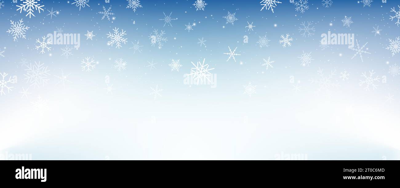 Pastel winter sky with snowflakes. Blue light color gradient. Fantasy soft blurred wallpaper. Vector Christmas landscape. Stock Vector