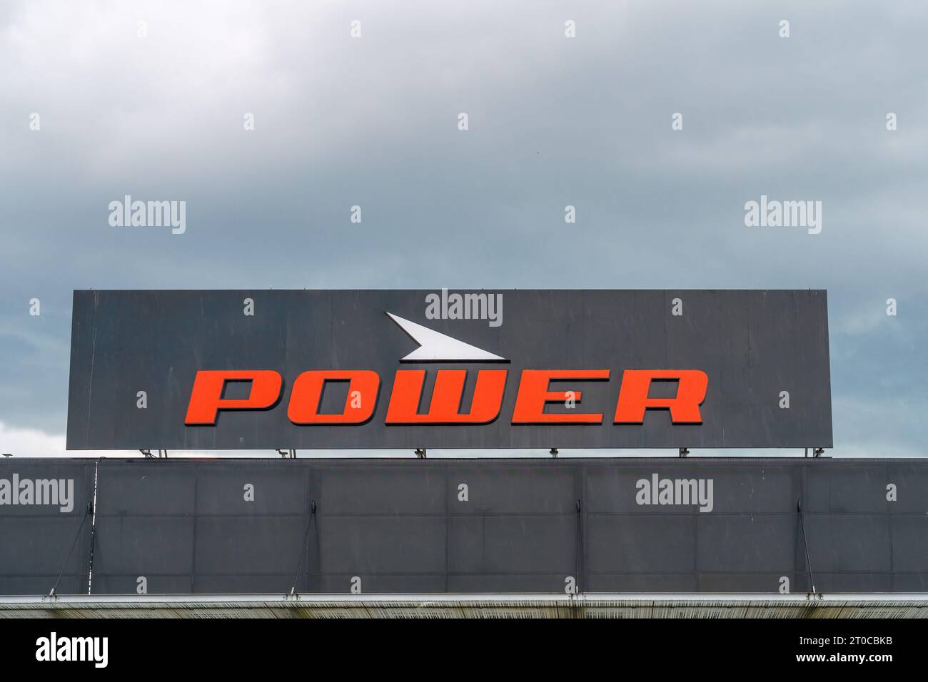 Power electronics store sign on the roof in Lahti, Finland. July 30
