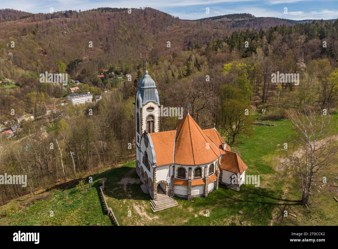 Old church Our Lady U Obrazku in Liberec city in spring day. Drone shot Stock Photo