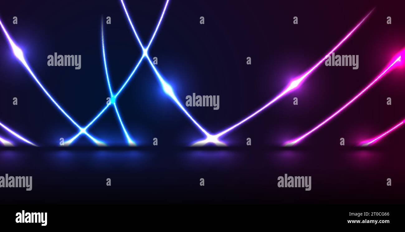 Blue and purple neon laser curved lines. Abstract rays technology retro ...