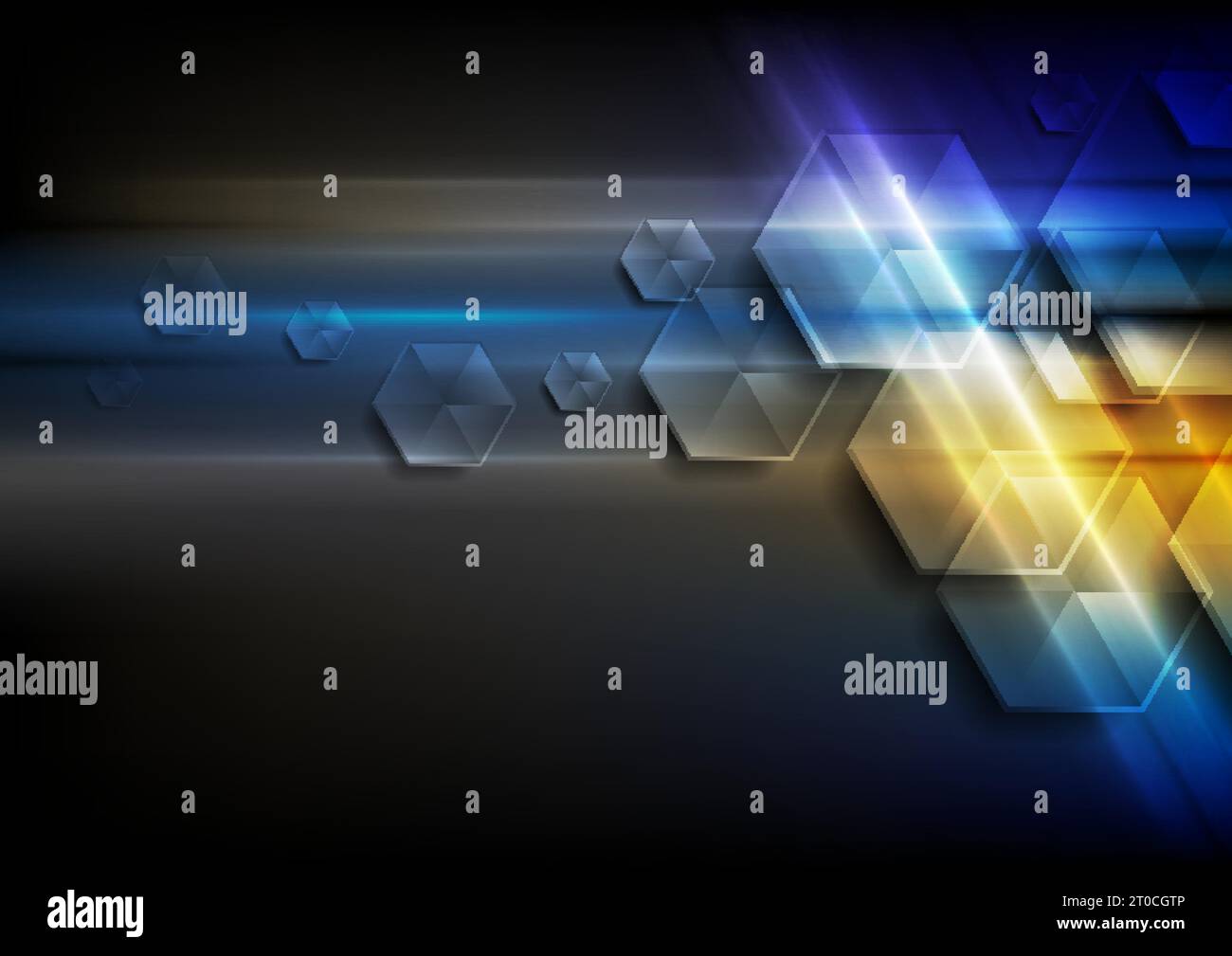 Blue and yellow glowing hexagons abstract geometry background. Hi-tech vector design Stock Vector