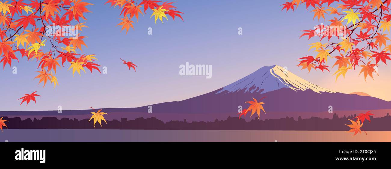 Yellow and orange maple leaves on the background of Mount Fuji. Autumn branches hang down from above. Vector horizontal format. Stock Vector