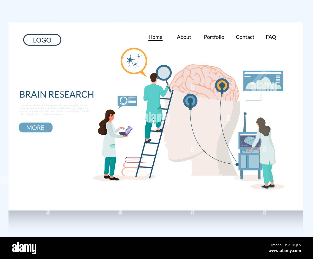 Brain research vector website template, web page and landing page design for website and mobile site development. Medical brain desease research, head Stock Vector