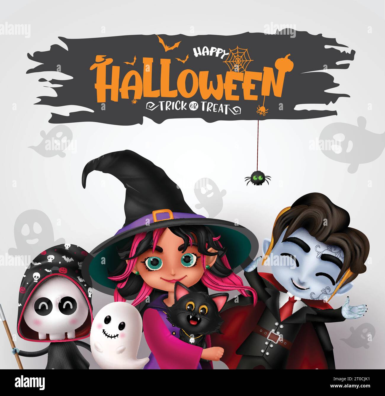 Halloween characters vector design. Happy halloween and trick or treat greeting text with cute witch girl, friendly vampire and grim reaper characters Stock Vector