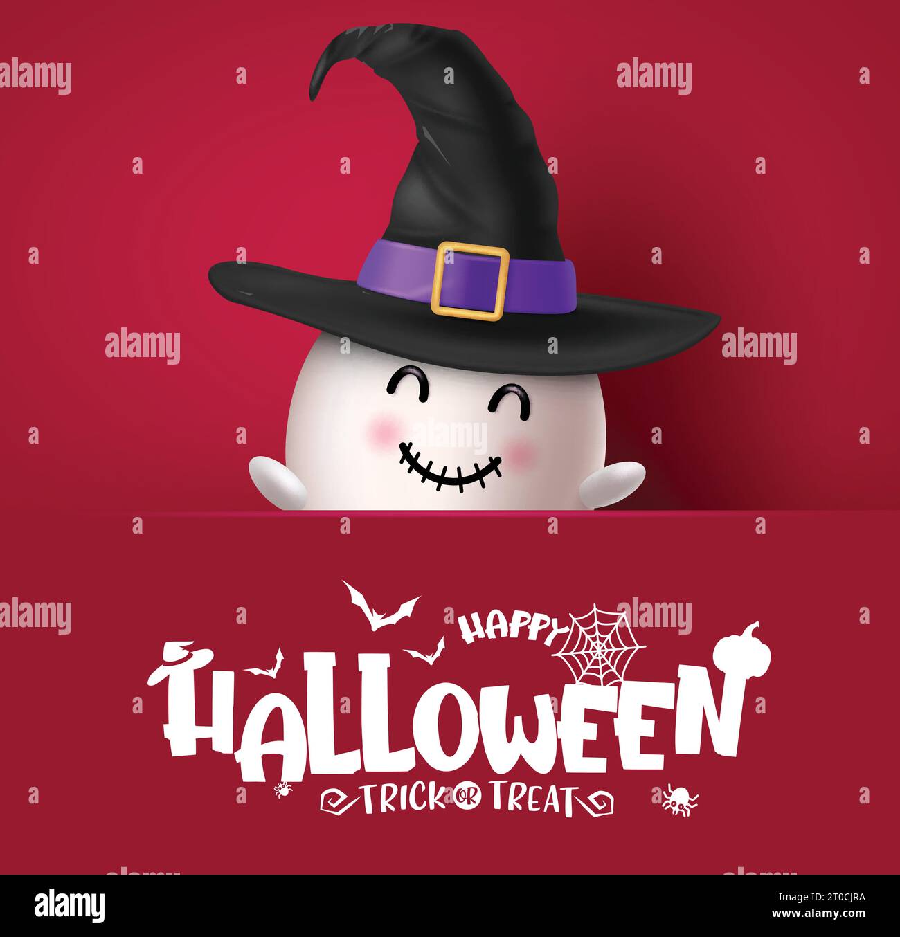 Happy halloween text vector template design. Halloween ghost friendly cute character for horror holiday greeting card in red background. Vector Stock Vector