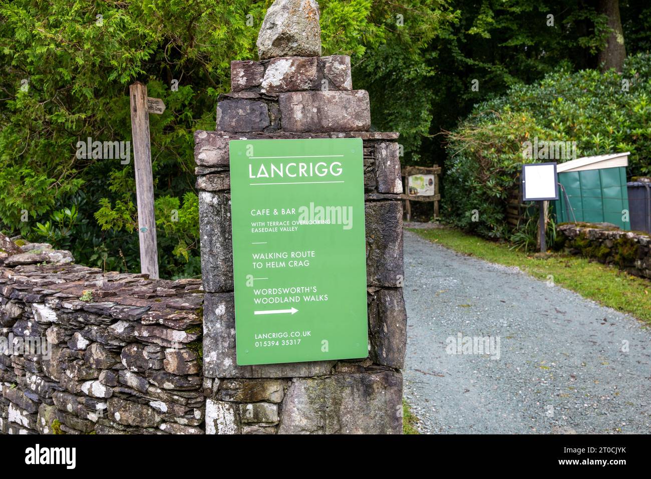 Lancrigg cafe in Grasmere village and directions to Wordsworth woodland walks,Lake District national park,Cumbria,England,UK Stock Photo