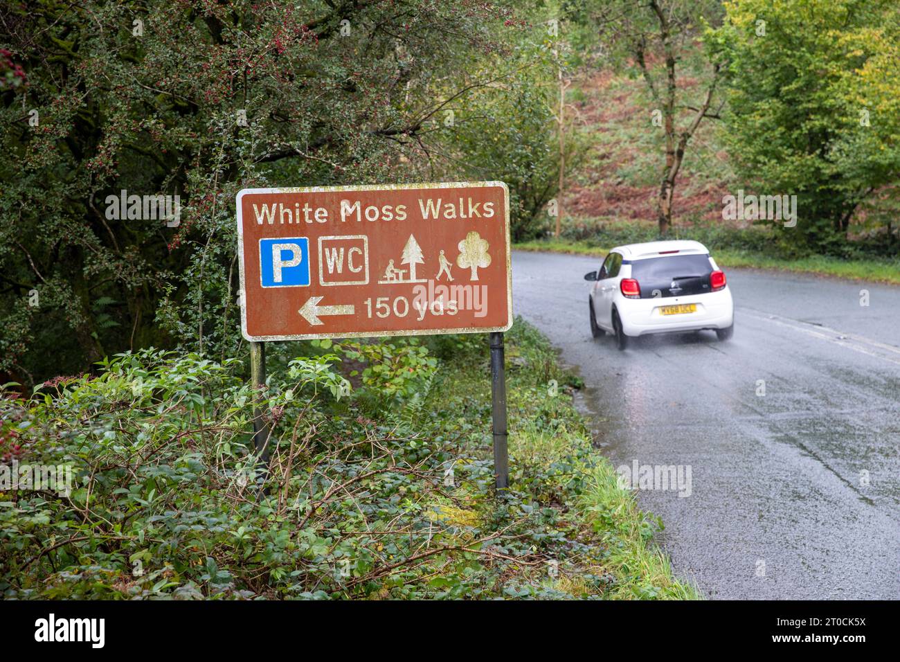 White Moss Walks and car park sign,Ambleside,Lake District national park,Cumbria,England,UK Stock Photo