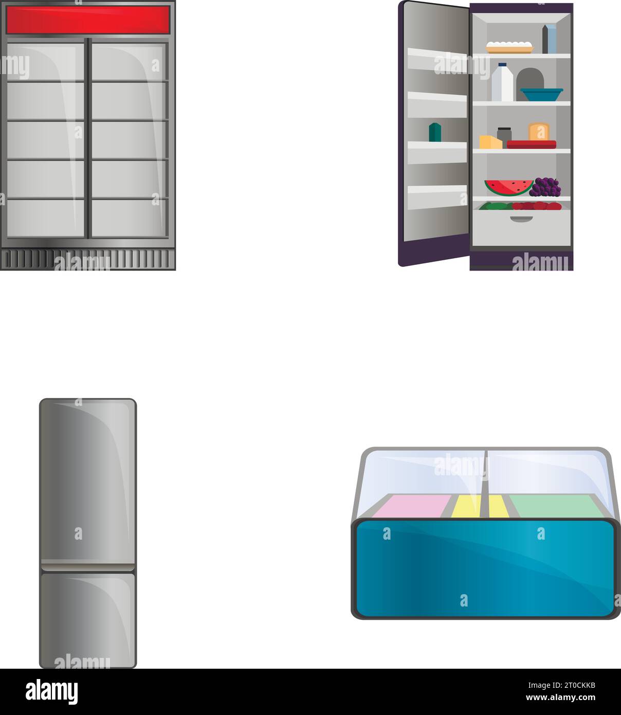 Refrigeration equipment icons set cartoon vector. Fridge showcase. Product storage Stock Vector