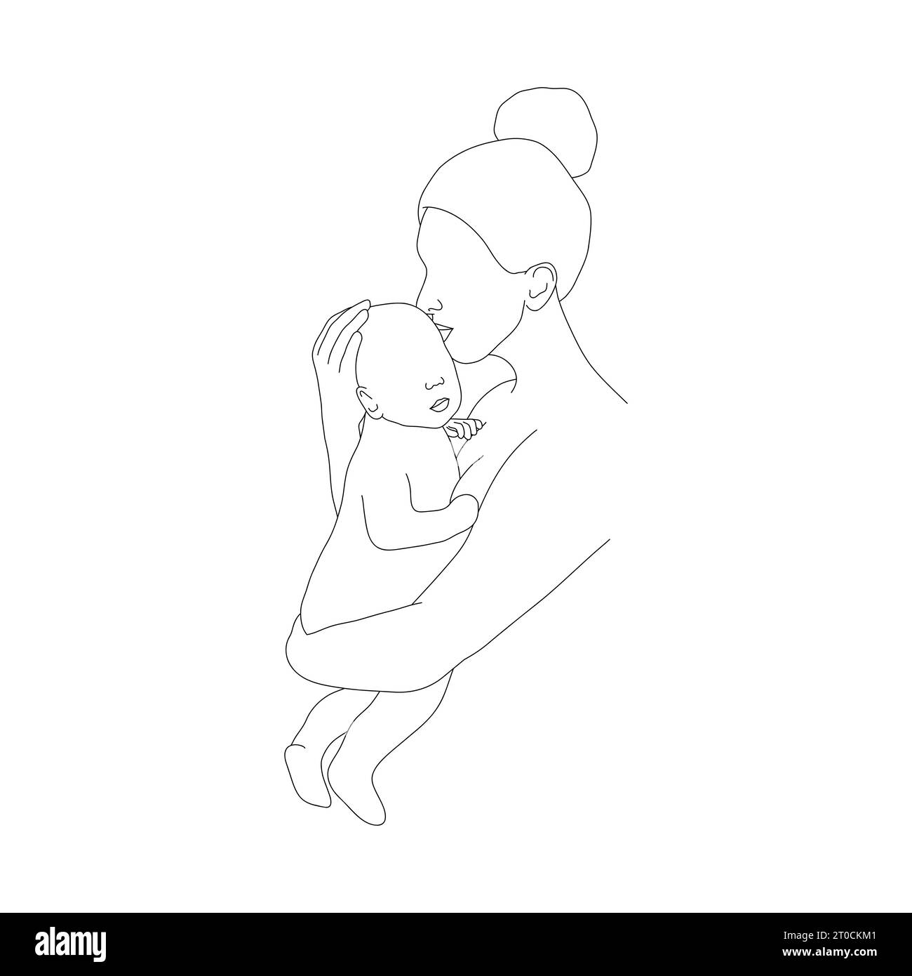 Abstract family silhouette. Happy mom kissing her newborn baby. One line art. Minimalistic vector illustration. Mother and child in linear style Stock Vector