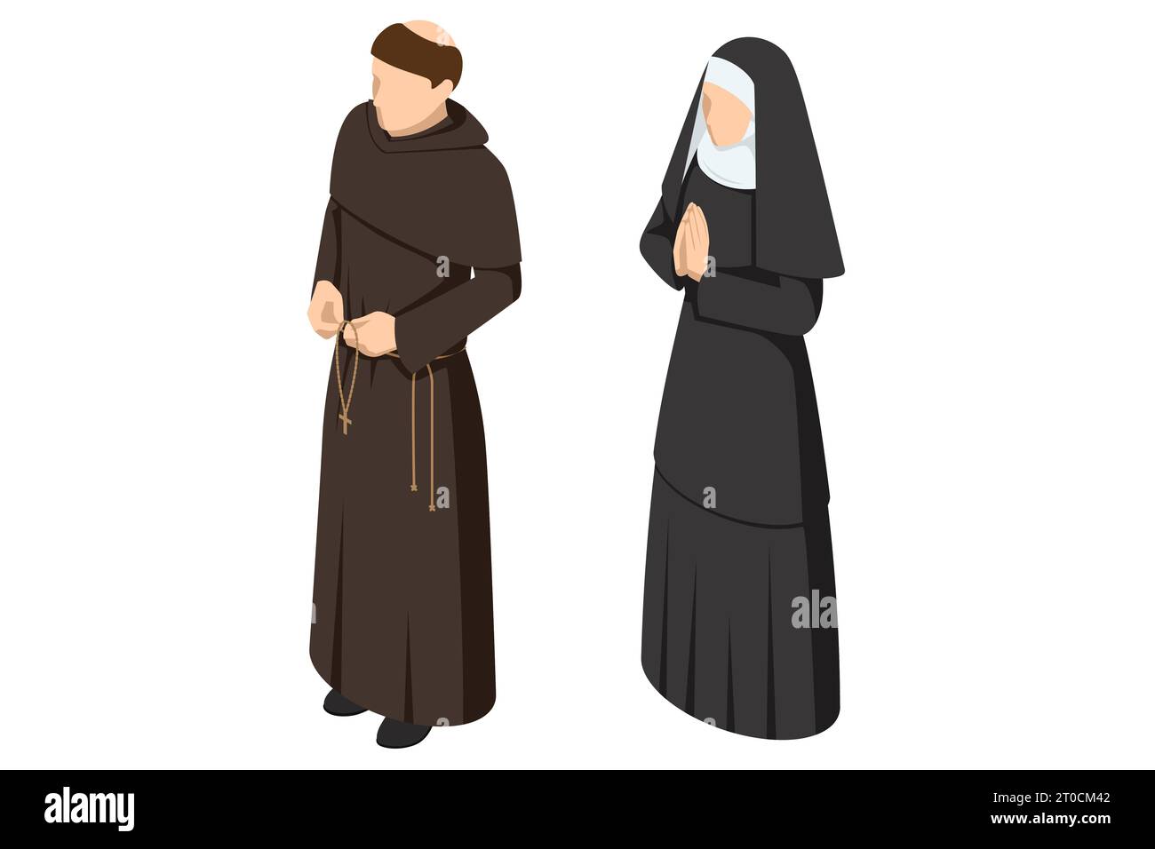 Isometric Christian catholic monk, A nun in traditional robes on white background Stock Vector