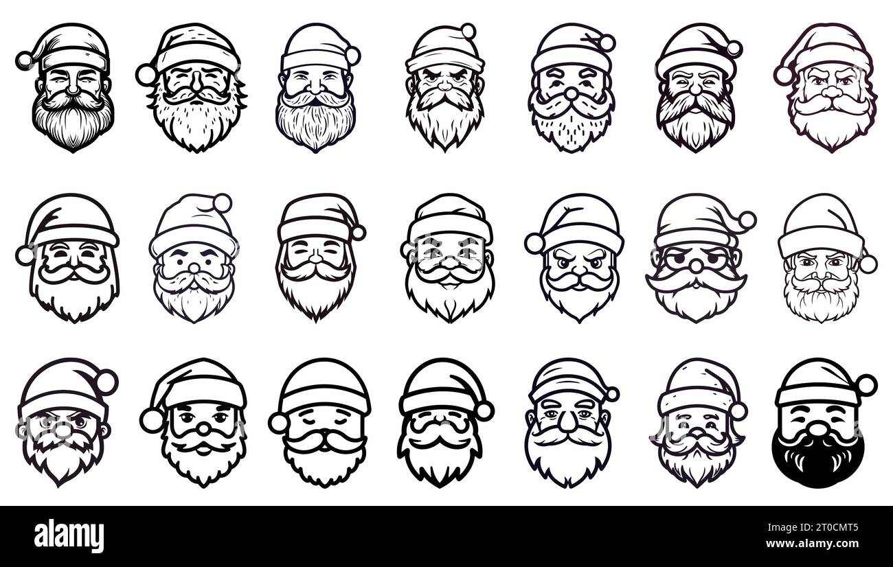 Santa Claus face with beard and mustache. Christmas icons set. Black ...