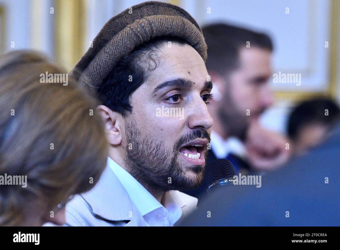Ahmad Massoud, Afghan soldier and politician, son of Commander Ahmed Shah Massoud of Afghanistan's Panchir province, spent a day in Strasbourg as part of the Ideal Libraries literary festival. To mark the release of his book 'Our Freedom', Ahmad Massoud recalled his resistance to the Taliban regime. The event was attended by Reza Deghati, the photographer and reporter who shot the portrait of Commander Massoud in 1985, which toured the world. The faithful also came to support Commander Massoud's son. October 4, 2023, in Strasbourg Northeastern France. Photo by Nicolas Roses/ABACAPRESS.COM Stock Photo