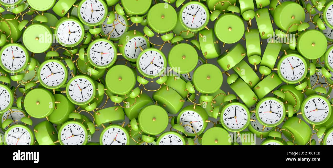 pile of flying alarm clock on green background 3d render concept of wake up time morning and hurry up sales promotion period for online shopping 2T0CTCB