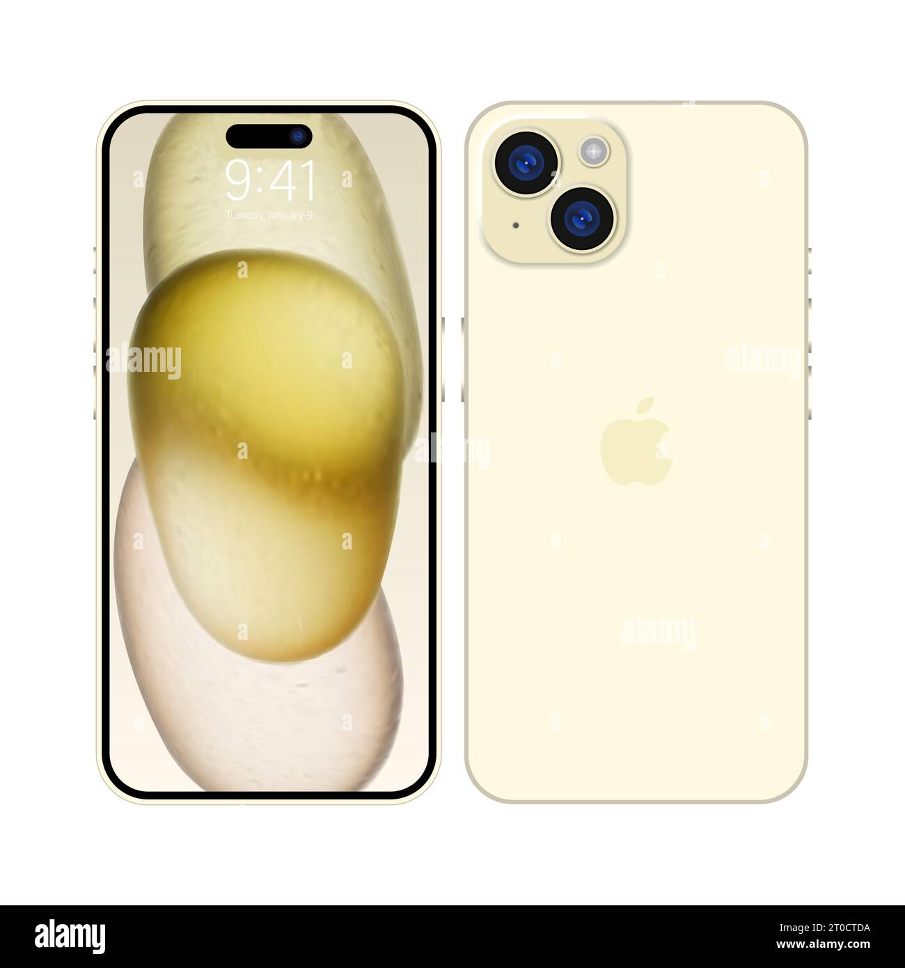 New iPhone 15 Deep yellow gold color by Apple Inc. Mock-up screen iphone and back side iphone. High Quality. Official presentation. Editorial Stock Vector