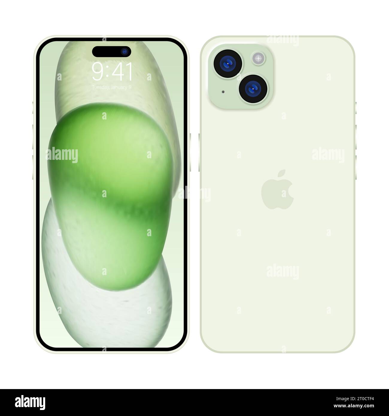 New iPhone 15 Deep green color by Apple Inc. Mock-up screen iphone and back side iphone. High Quality. Official presentation. Editorial Stock Vector