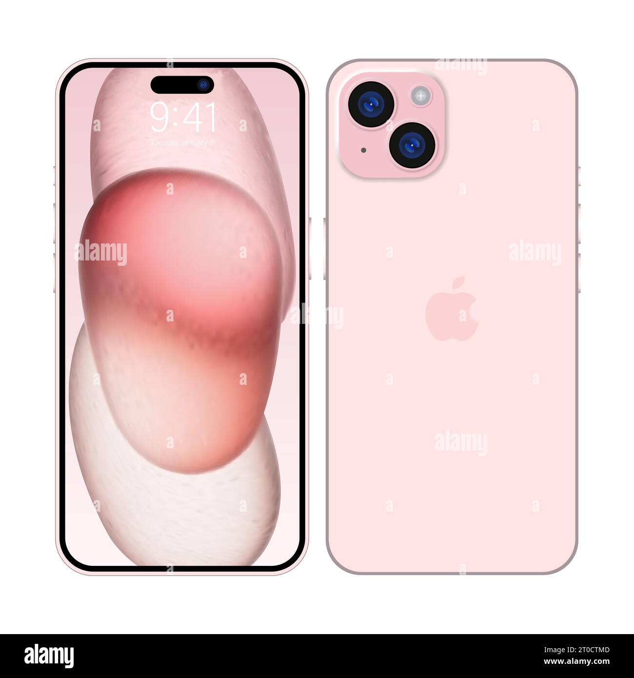New iPhone 15 Deep pink color by Apple Inc. Mock-up screen iphone and back side iphone. High Quality. Official presentation. Editorial Stock Vector