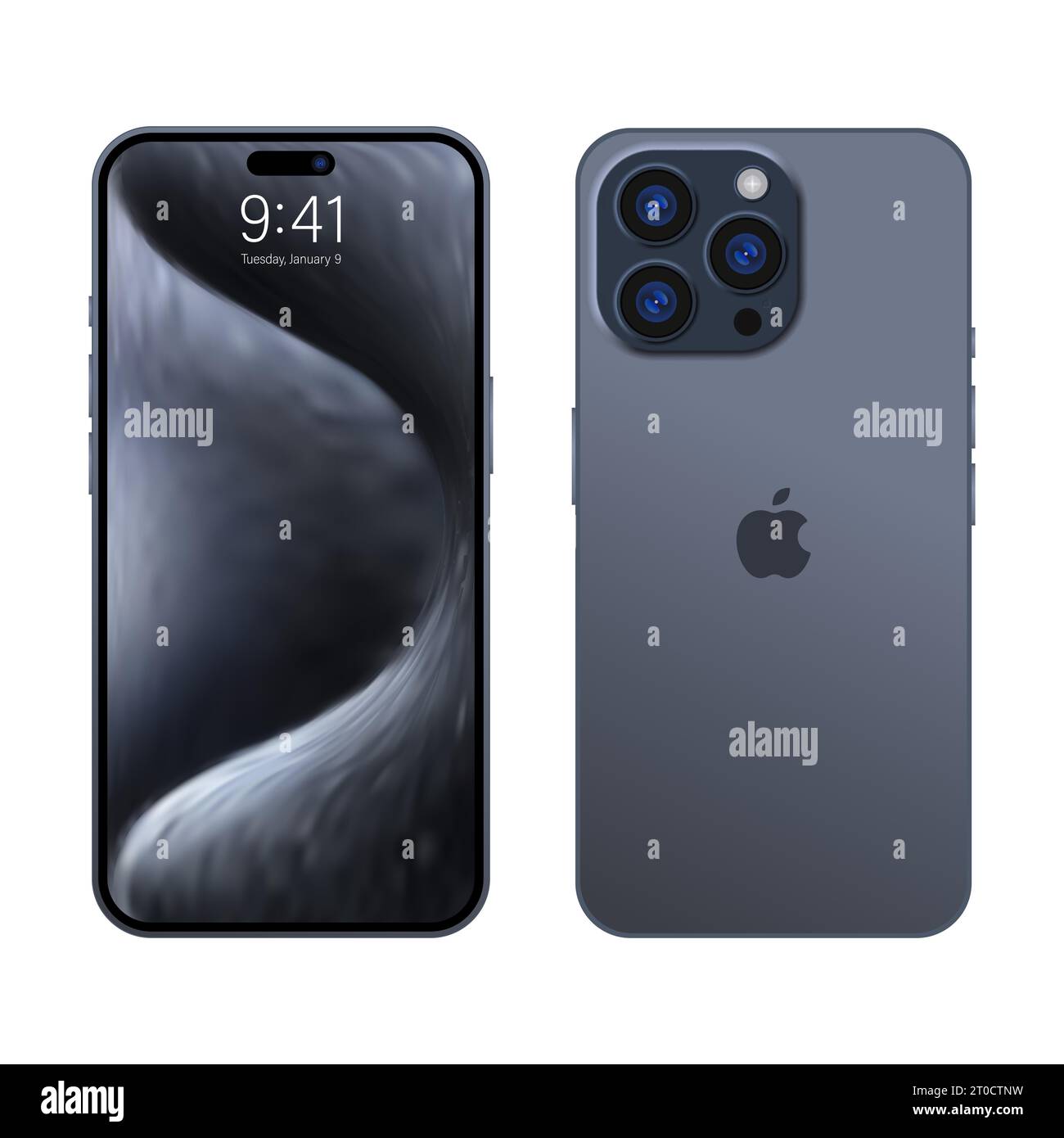New iPhone 15 pro, pro max Deep gray blue or by Apple Inc. Mock-up screen iphone and back side iphone. High Quality. Official presentation. Editorial Stock Vector