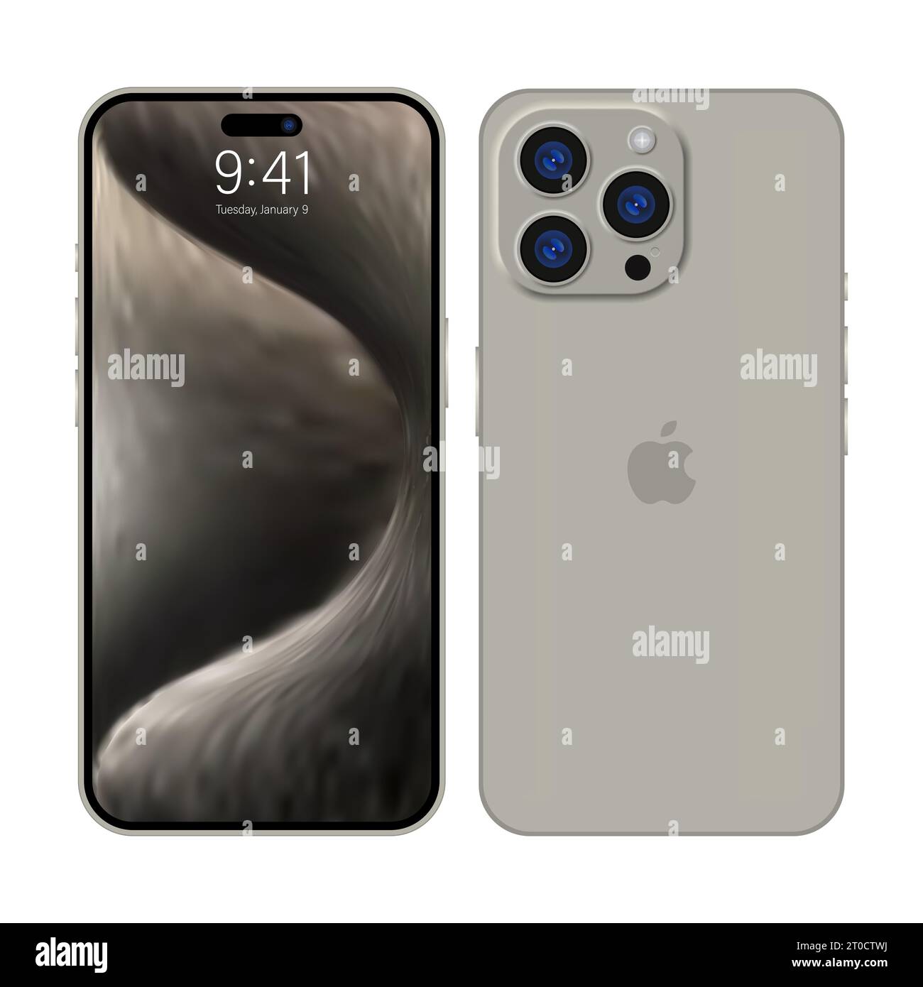 New iPhone 15 pro, pro max Deep gray color by Apple Inc. Mock-up screen iphone and back side iphone. High Quality. Official presentation. Editorial Stock Vector