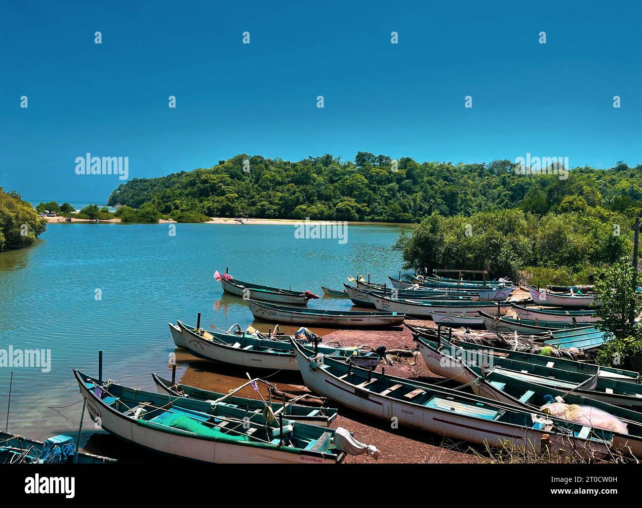 Colorful boats parked at the shore in Goa. Stock Photo