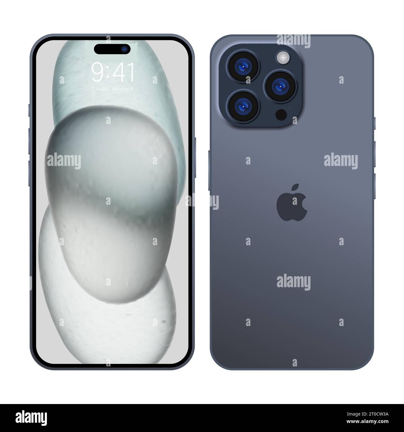 New iPhone 15 pro, pro max Deep gray blue or by Apple Inc. Mock-up screen iphone and back side iphone. High Quality. Official presentation. Editorial Stock Vector