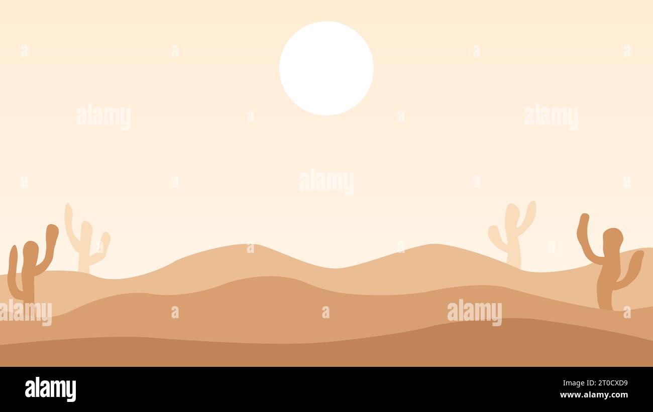 Western style desert with cactus and the sun on the sky. Minimalist landscape wallpaper, Stock Illustration Stock Photo