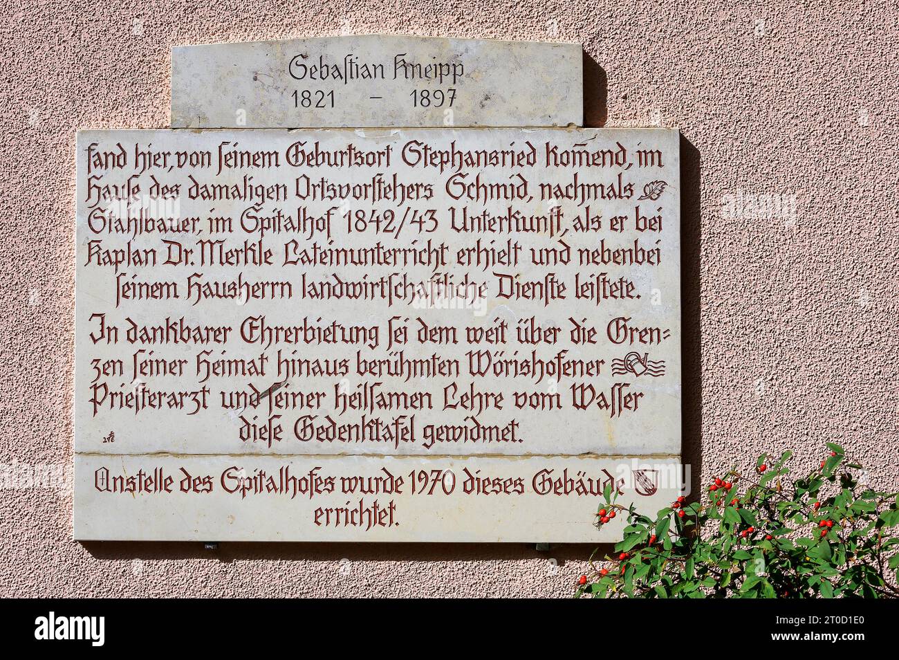 Commemorative plaque to Sebastian Kneipp 1821-1897, Bad Groenenbach, Bavaria, Germany Stock Photo