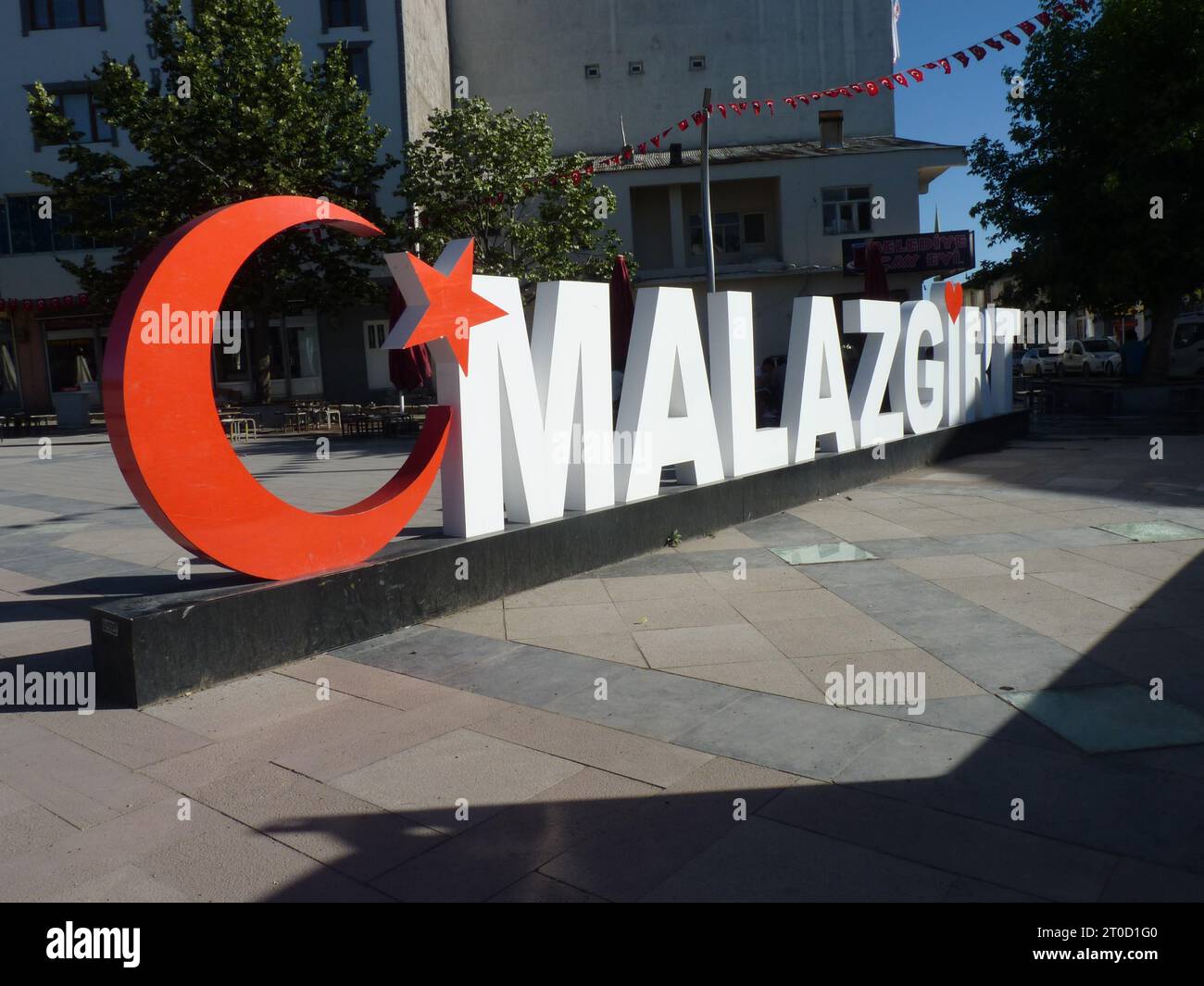 Malazgirt, Mus, Turkey, July 3, 2019: Large letters placed in a square forming the name of the city of Malazgirt in Turkey Stock Photo