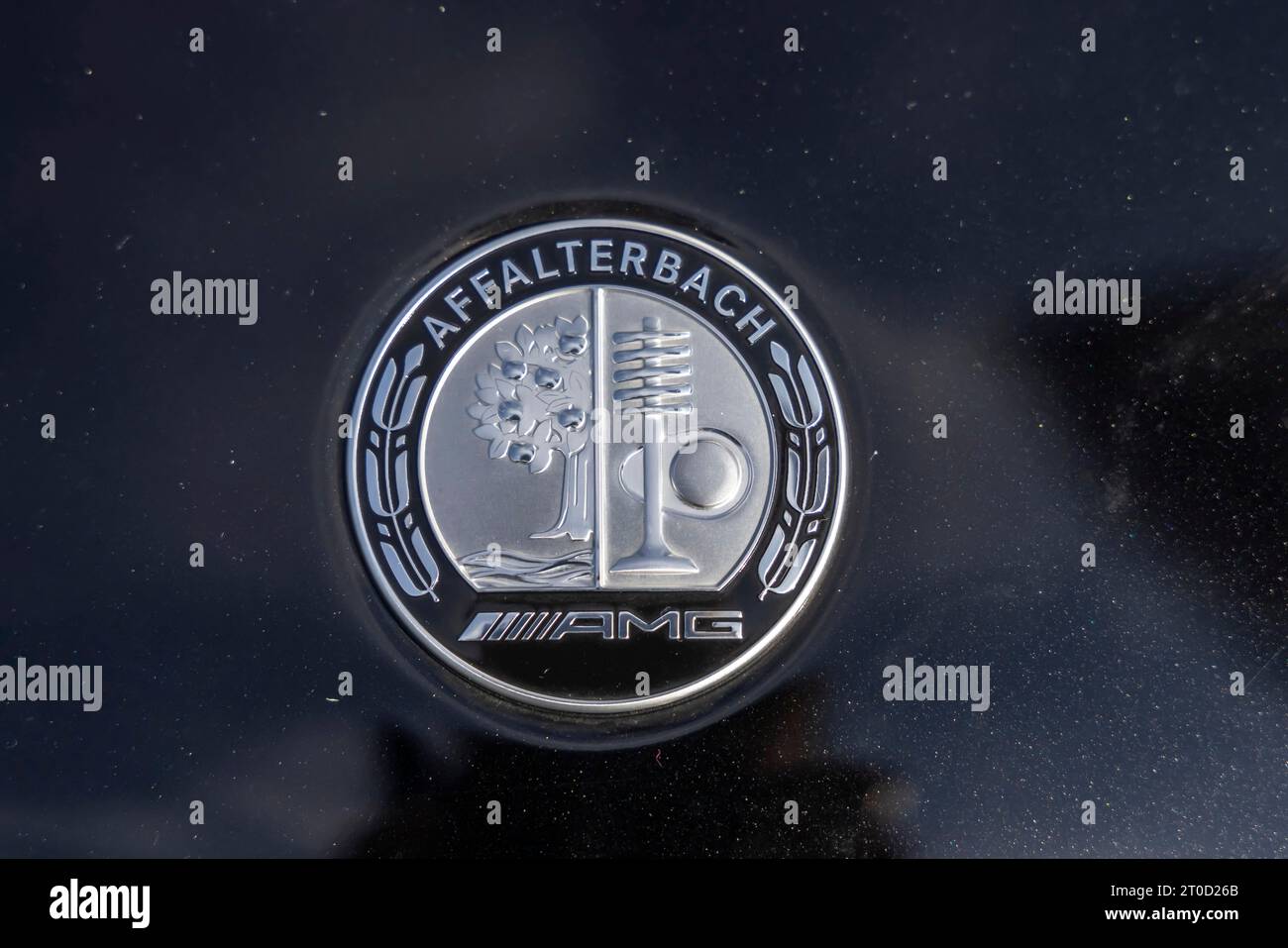 Vehicle of the Mercedes AMG brand. Badge on bonnet with AMG logo and Affalterbach lettering, Stuttgart, Baden-Wuerttemberg, Germany Stock Photo