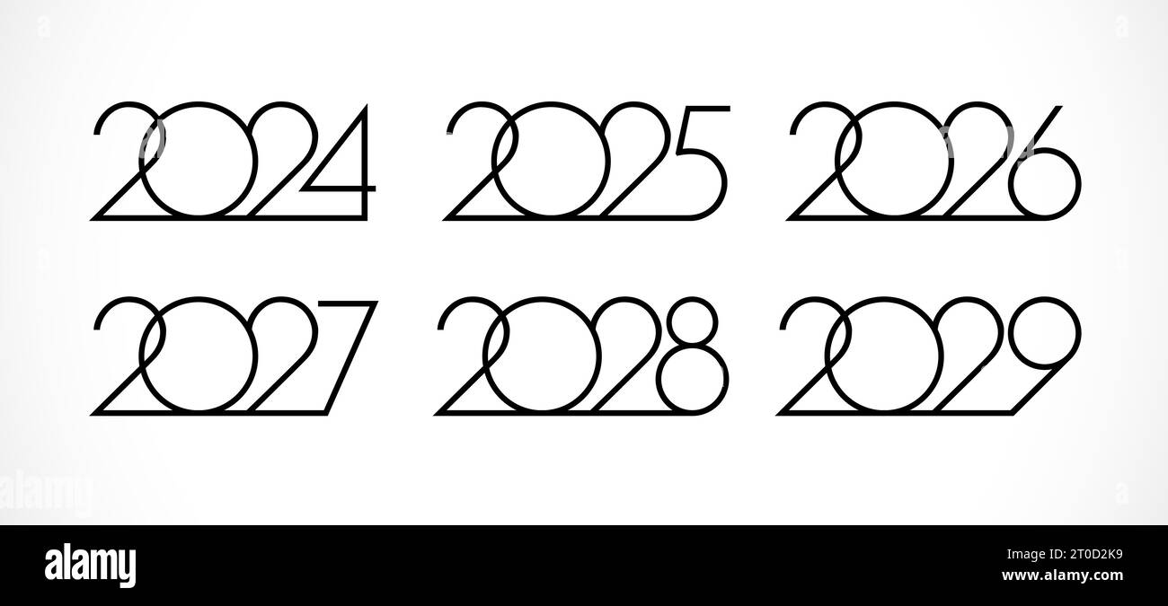 Set of creative numbers from 2024 to 2029. Happy new year icons 2025, 2026, 2027 and 2028. Calendar or planner title. Business style. Black and white Stock Vector