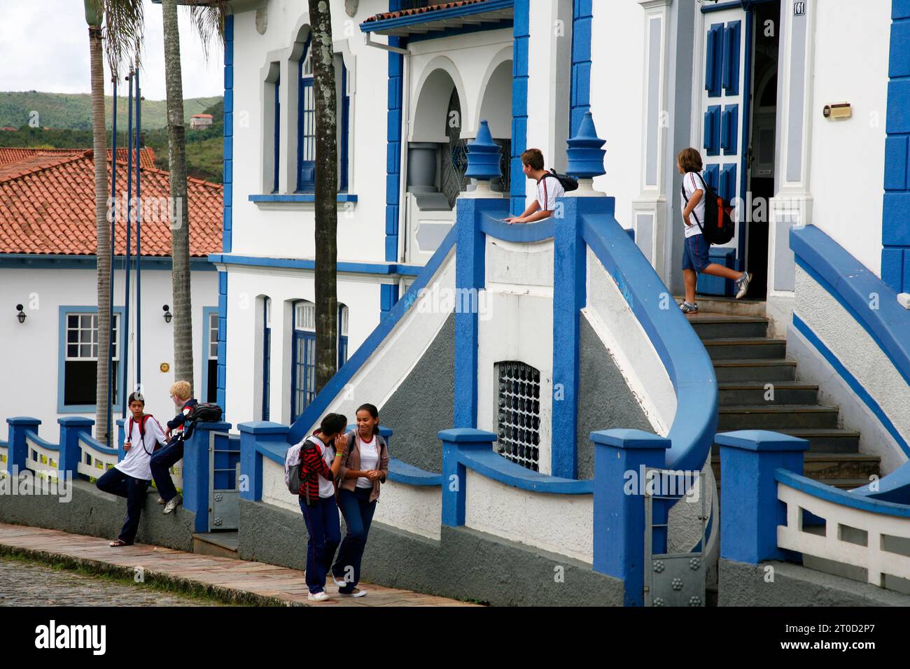 View over a street near Praca Minas Gerais with colonial buildings and the Colegio Providencia from 1849. Mariana, Minas Gerais, Brazil. Stock Photo