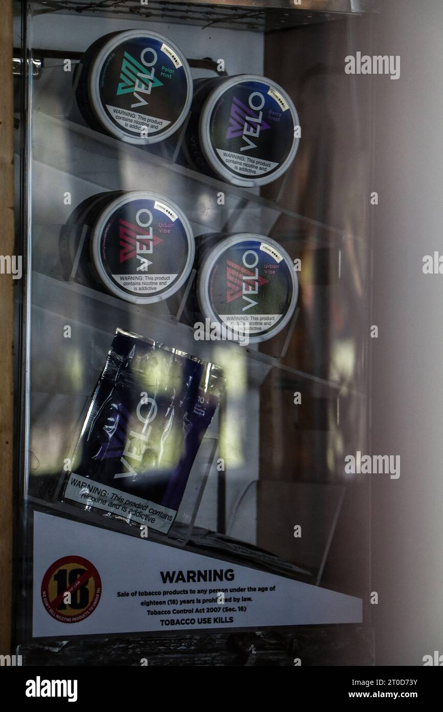 Nakuru, Kenya. 06th Oct, 2023. A view of British American Tobacco's (BAT)  Velo brand of nicotine on a shelf at a bar in Nakuru. Kenyan parliament is  debating imposing a ban on