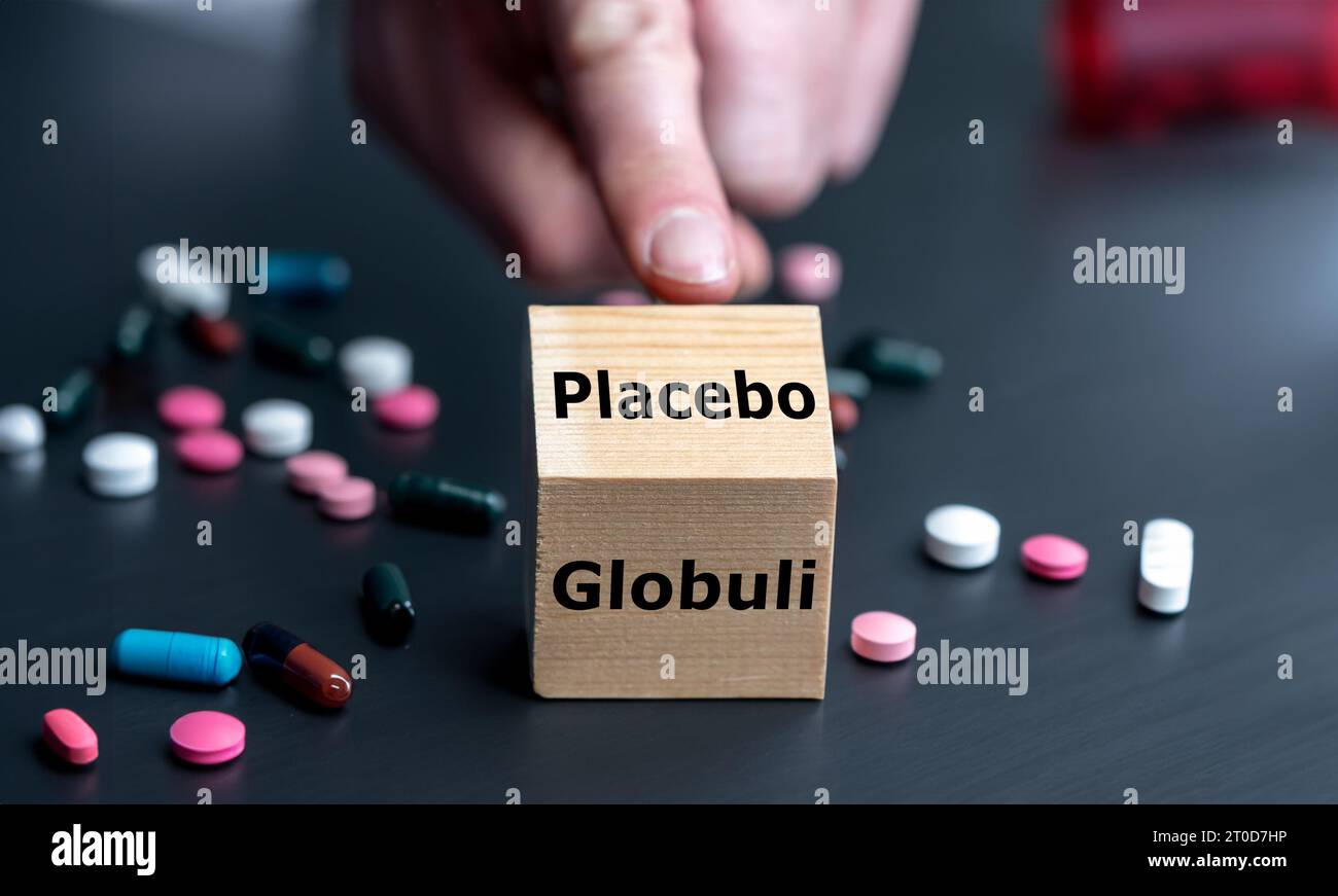 Symbol that homeopathic medicine has an placebo effect only. Hand turns