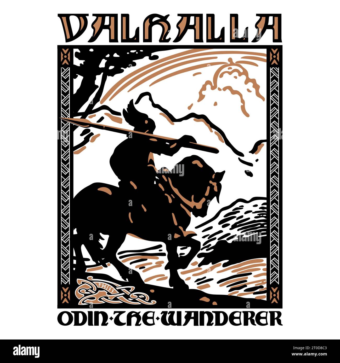 Viking Design. Old Norse God Odin on a war horse with a spear and