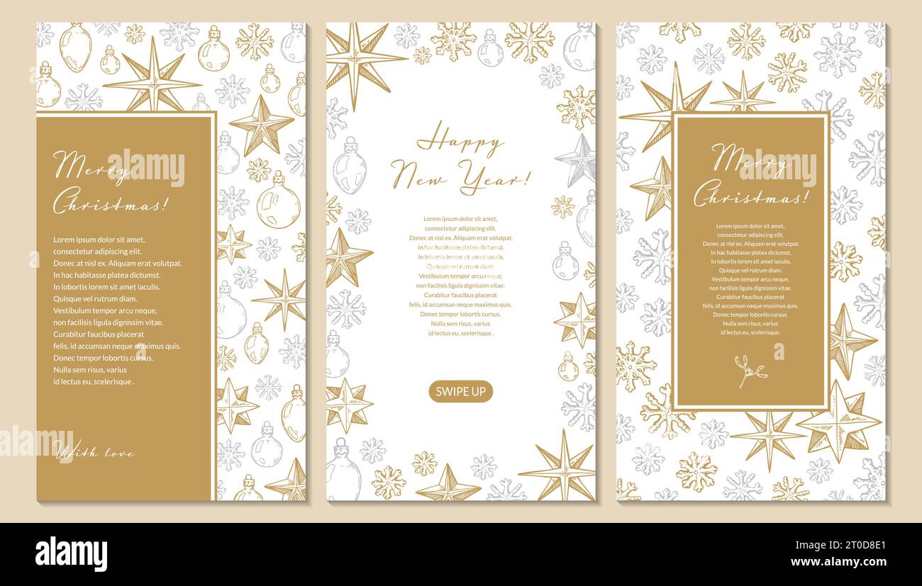 Set of Merry Christmas and Happy New Year vertical greeting cards with ...