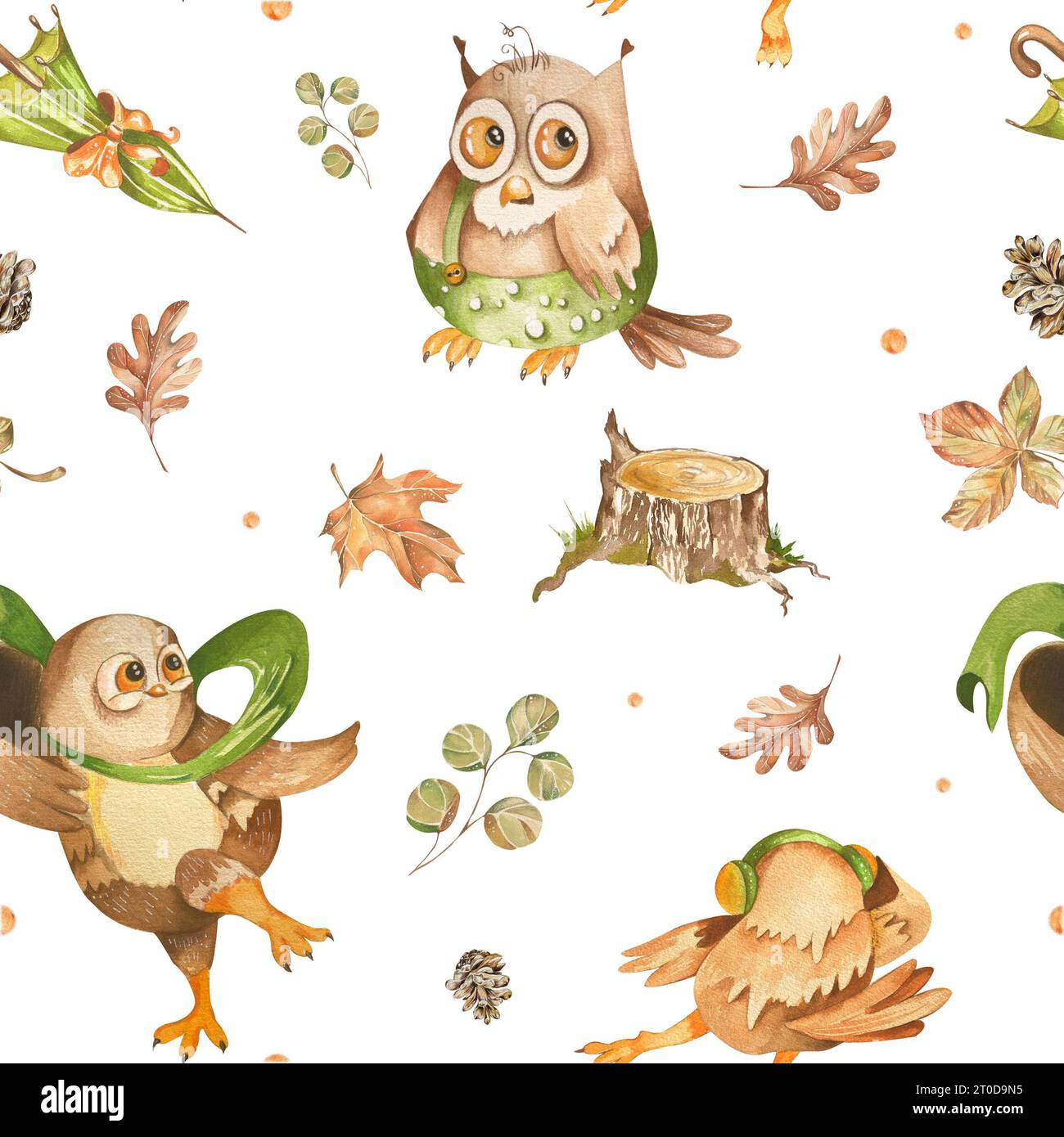 Autumn seamless pattern with cute cartoon owls and leaves. Watercolor ...