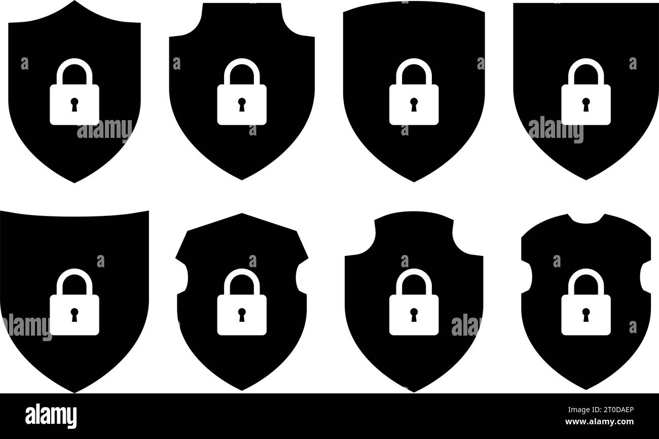 Shield with lock silhouette icon symbol set Stock Vector